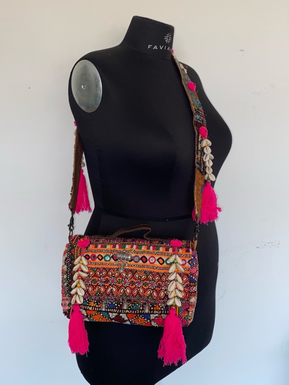 Bohemian Embroidered Crossbody Bag with Fuchsia Tassels